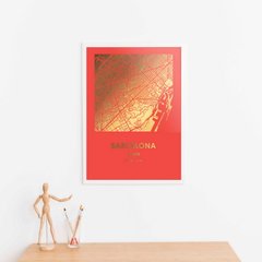 Постер картина для интерьера в подарок "Барселона / Barcelona" фольгированный А3 gold-red