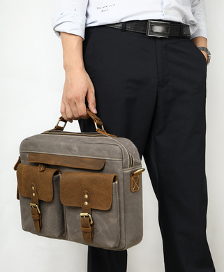 Сумка-портфель мужская текстильная с кожаными вставками Vintage 20001 Cерая Новинка 2022