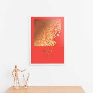 Постер картина для интерьера в подарок "Токио / Tokyo" фольгированный А3 gold-red