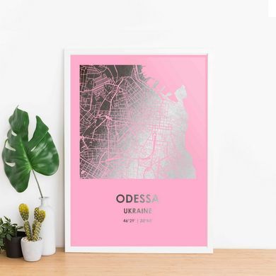 Постер картина для интерьера в подарок "Одесса / Odessa" фольгированный А3 silver-pink