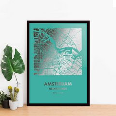Постер картина на подарок "Амстердам/Amsterdam" фольгований А3 silver-turquoise